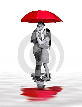 Concept image of couple in love standing under large red umbrella  and reflections in puddles.  Isolated on White. photo