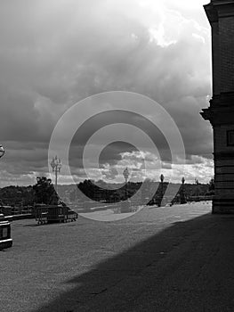 Black and white image of the courtyard of the Alexandra Palace, London