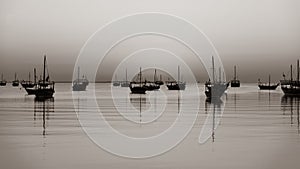 black and white image of dhows in the shore parked at katara beach in qartar during dhow festival