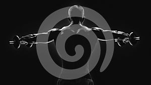 Black and white image of dumbbell lateral raise routine Bodybuilder turning back raising hands pumping up shoulders muscle