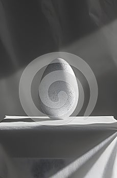 Black and white image of an egg with long geometric shadows can convey artistic and photography concepts such as simplicity, photo