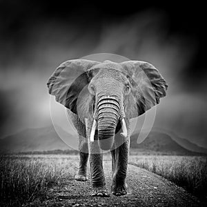 En blanco y negro imagen de un elefante 