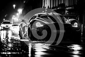 A black and white image of a generic and unbranded sport car under rain, generative ai illustration