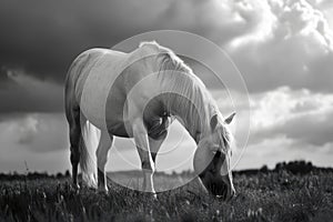 Black and white image of a gracious horse grazing in the field on a summer day photo