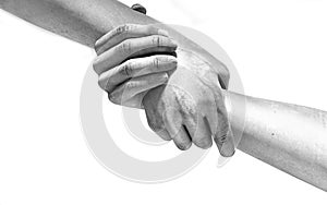 Black and white image of the hands of two people at the time of rescue 3d illustration