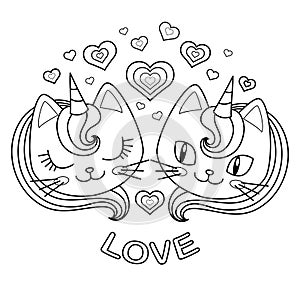 Black and white image. Heads of two unicorn cats in love. Vector