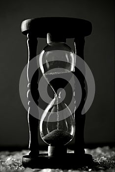 Sand clock on broken glass pieces in blur.