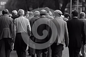 Black and White Image of a Group of Elderly Men Walking Down the Street in the 1950s, Generative AI photo