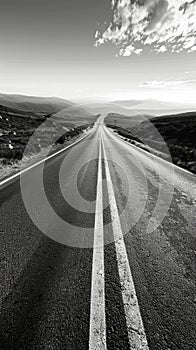 Black and white image of a long open road