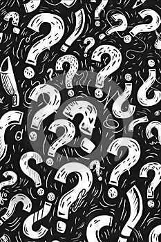 A black and white image of many questions with a black background. Generative AI
