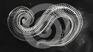 A black and white image of a nematode coiled in a spiral shape with its fine symmetrical ridges and tapering body on