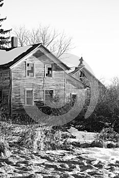 Black and white image of an old abandoned house and barn in Wisconsin, vertical