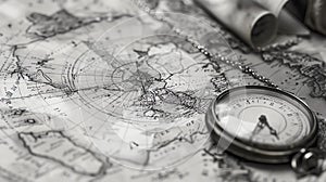 A black and white image of an old map with a compass on top of it