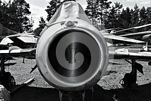 Black and white image. An old Soviet era fighter MIG 15.