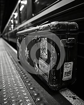Black and white image of an old suitcase in a train station.