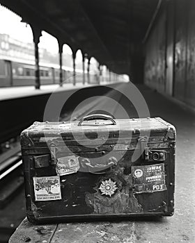 Black and white image of an old suitcase in a train station.