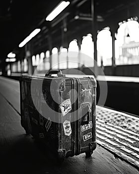 Black and white image of an old suitcase in a train station.