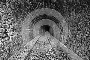 black and white image of old train tunnel.La fregeneda