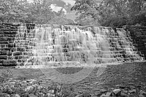 Black and White Image of Otter Lake Dam in the Blue Ridge Mountains