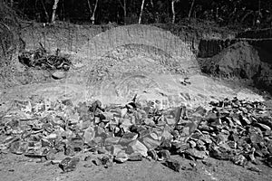 Black and White Image of Pile Of Rocks I.E. Lithium Mining And Natural Resources Like Limestone Mining In Quarry. Natural Zeolite