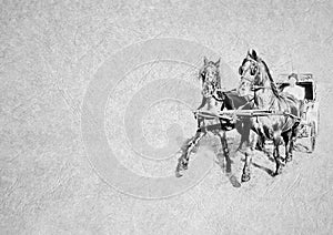 Black and White Image of Proud Strong Muscular Horses Pulling Vintage Carraige on Card Banner