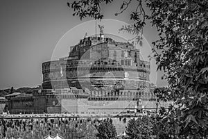 Black and White Image of Sant`Angelo Castle in Rome, Italy