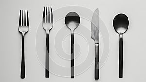 A black and white image of several forks and spoons