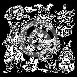samurai pack black and white illustration