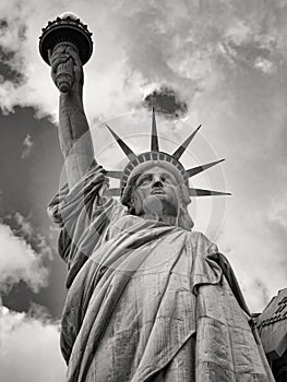 Black and white image of the Statue of Liberty in New York