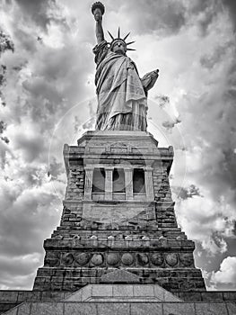 Black and white image of the Statue of Liberty in New York City