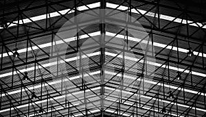 Black and white image of Steel structure roof frame