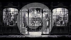 a black and white image of a store