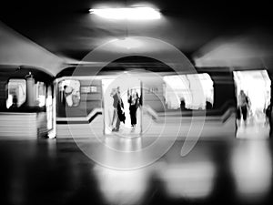 Black and white image of subway.