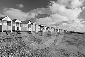 Black and white image of Thorpe Bay beach, Essex, England, United Kingdom