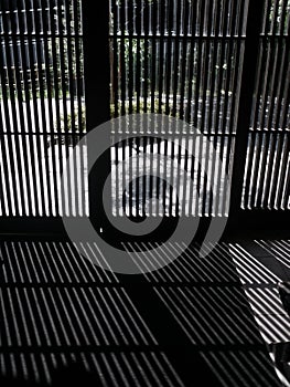 Black and white image of traditional Japanese wooden door