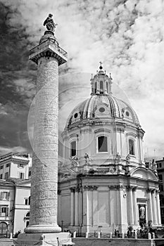 Black and white image of Trajan s column and church Santa Maria di Loreto, Rome
