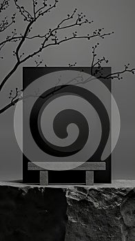 A black and white image of a tree and bench