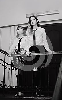 The black and white image about two beautiful and serious-looking schoolgirls dressed in white shirts and black ties are standing