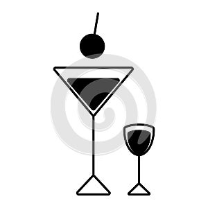 Black and white image of two glasses for cocktails and alcoholic drinks. Sticker. Icon. Isolate