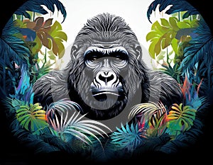 A black and white image of a vibrant jungle. In the centre of the picture is a transparent Gorilla - generated by ai
