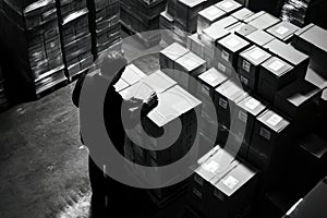 Black and white image of warehouse worker using barcode reader to scan packages on pallet