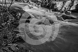 A Black and White Image of a Waterfall in the Mountains of Virginia, USA