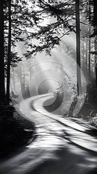 Black-and-white image of a winding road through a dense forest, with long shadows cast by tall trees and mist in the background