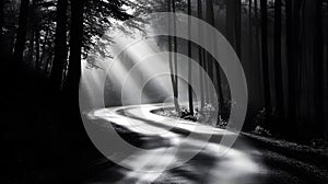 Black-and-white image of a winding road through a dense forest, with long shadows cast by tall trees and mist in the background