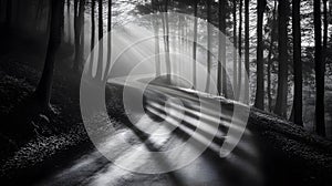 Black-and-white image of a winding road through a dense forest, with long shadows cast by tall trees and mist in the background