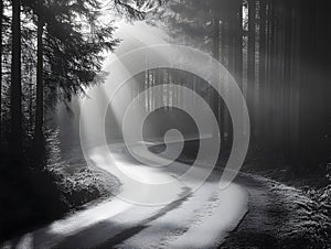 Black-and-white image of a winding road through a dense forest, with long shadows cast by tall trees and mist in the background
