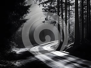 Black-and-white image of a winding road through a dense forest, with long shadows cast by tall trees and mist in the background