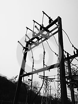 Black and white imaget of Transformer substation