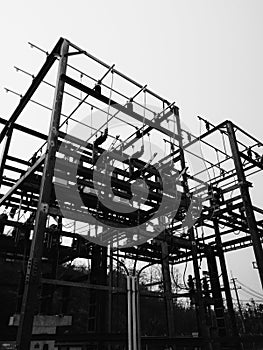 Black and white imaget of Transformer substation