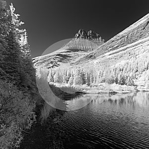 Black and white infra red landscape of Glacier National Park